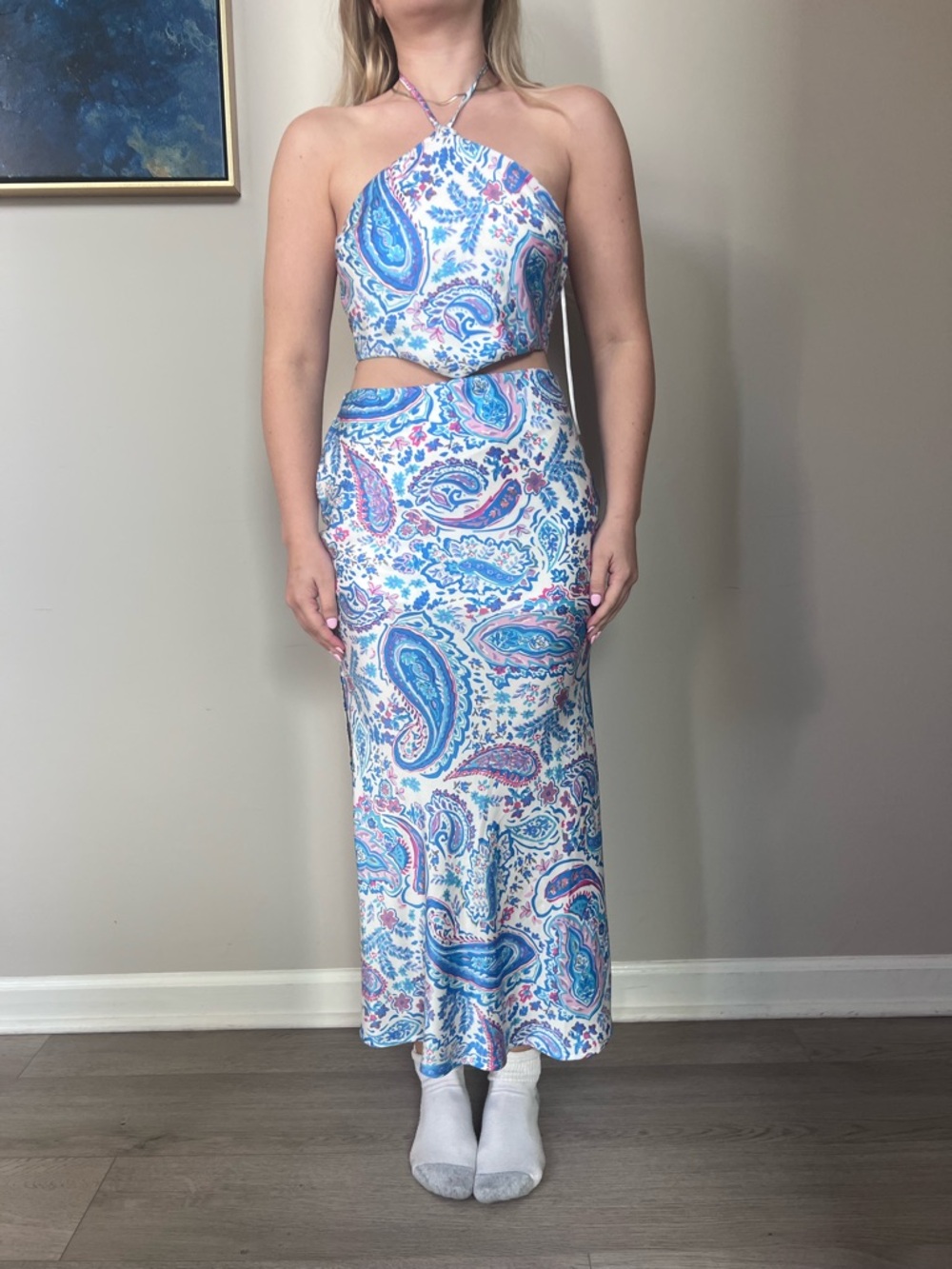 MARBLE Blue, Pink, White Paisley Print Halter and Skirt Set, Size S